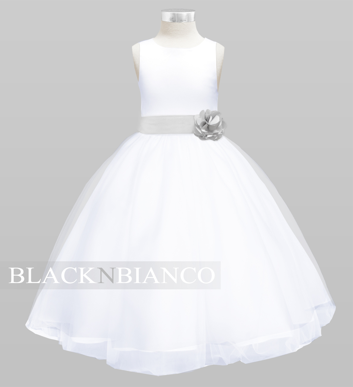 white and silver flower girl dresses
