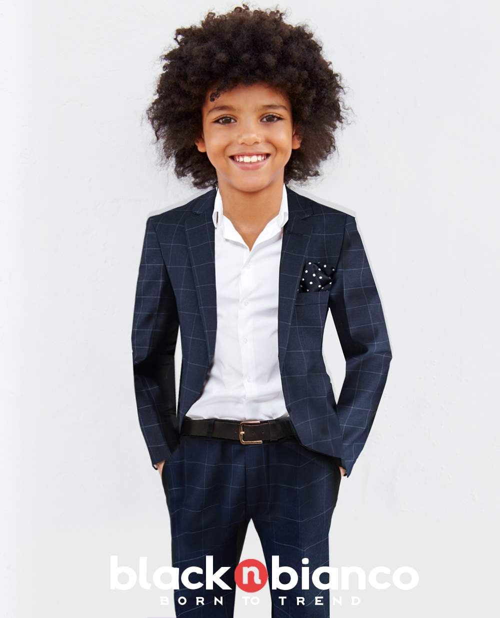 Black n Bianco Boys' Signature Slim Fit Suit in Windowpane Navy