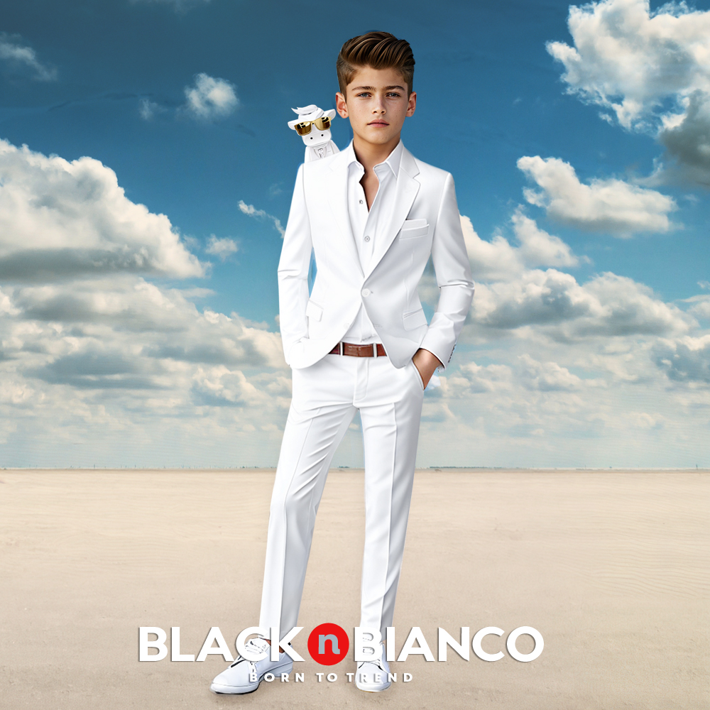 Black n Bianco Boys' First Class Slim Fit Three Piece Suit in Loren White Black n Bianco Boys' First Class Slim Fit Three Piece Suit in Loren White