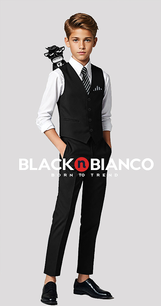 Black n Bianco Boys Slim Fit Black Vest Suit Set with Tie Shirt and Pants. 519 - STYLE