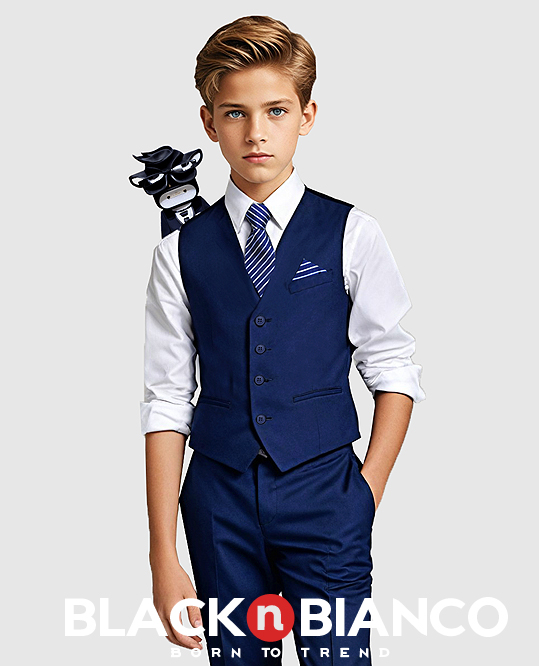 Black n Bianco Boys Slim Fit Navy Vest Suit Formal Out Five