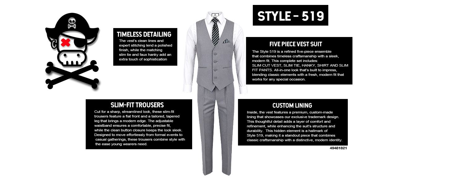 Black n Bianco Boys Slim Fit Gray Vest Suit Set. Formal Out Five Piece Set