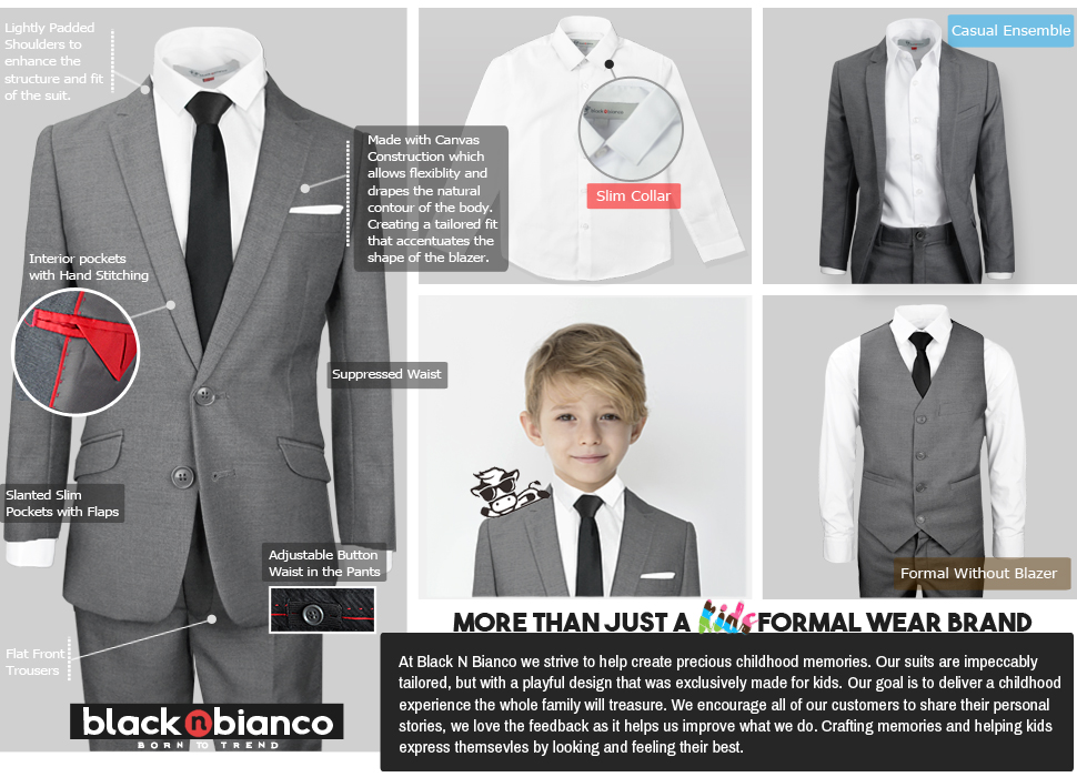 Black N Bianco Signature Boys' Slim Fit Suit in Dark Grey 18