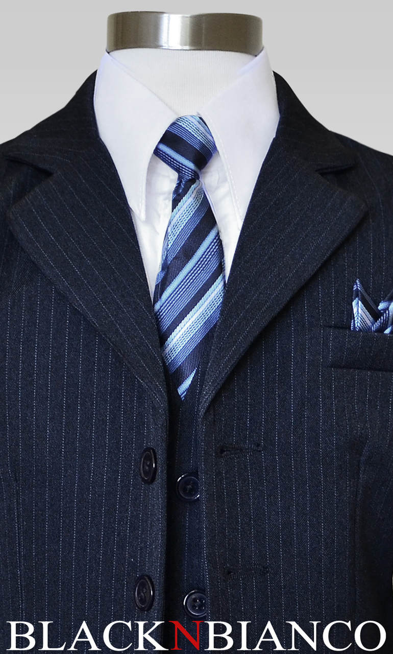 Rafael Boys Navy Blue Pinstripe Formal Suit Set – With Blue Tie & Hanky