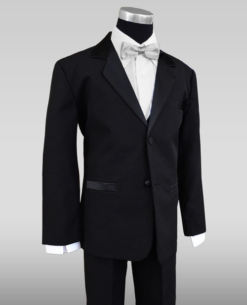 Kids Tuxedos in Black with Straight Silver Bow Tie