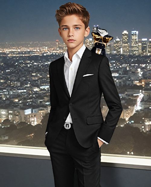 Black n Bianco First Class Boys' Slim Fit Three Piece Suit in Midnight Black