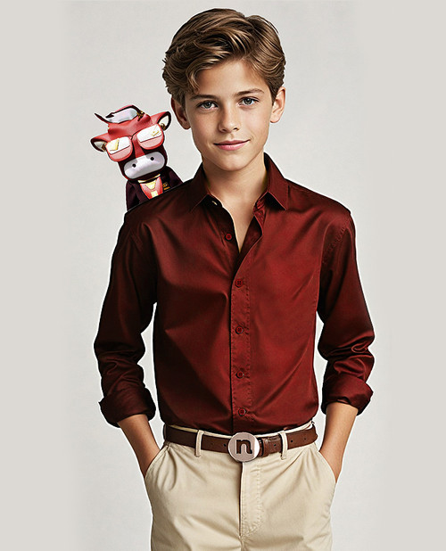 Black N Bianco Boys' Signature Sateen Dress Shirt in Burgundy