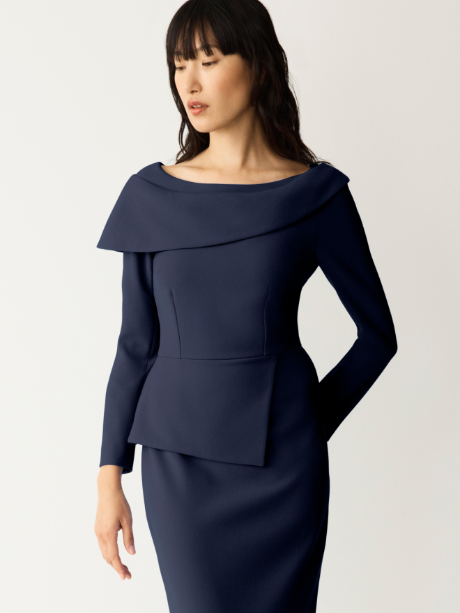 Model wearing navy Palmerston dress