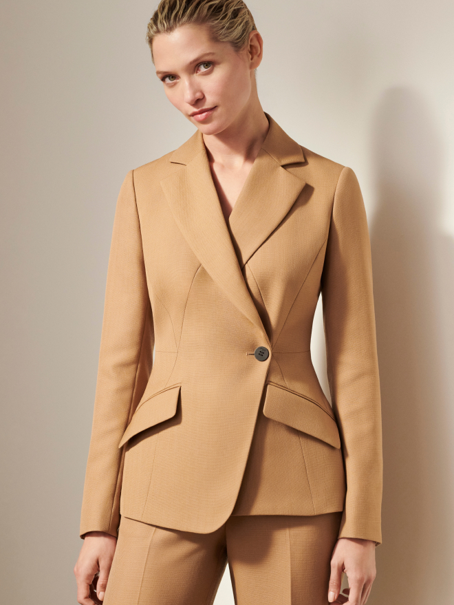 Model wearing camel 365 pure wool suiting