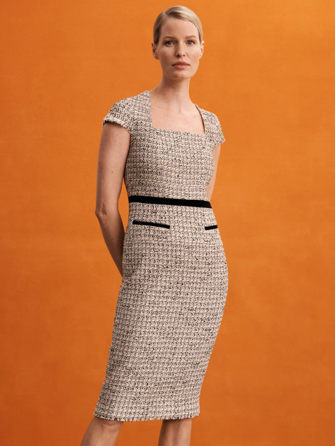 Model wearing tweed Roma dress