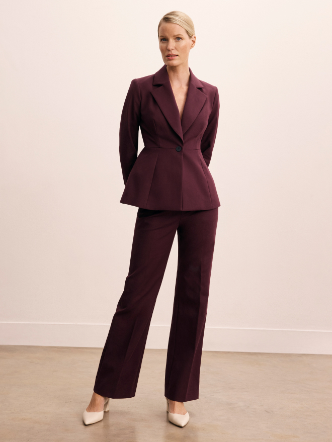 Model wearing plum cotton suiting