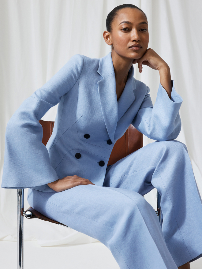 Model wearing ice blue Albans jacket