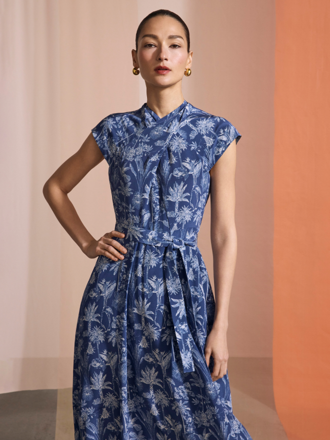Model wearing Mirabello dress made with Liberty fabric
