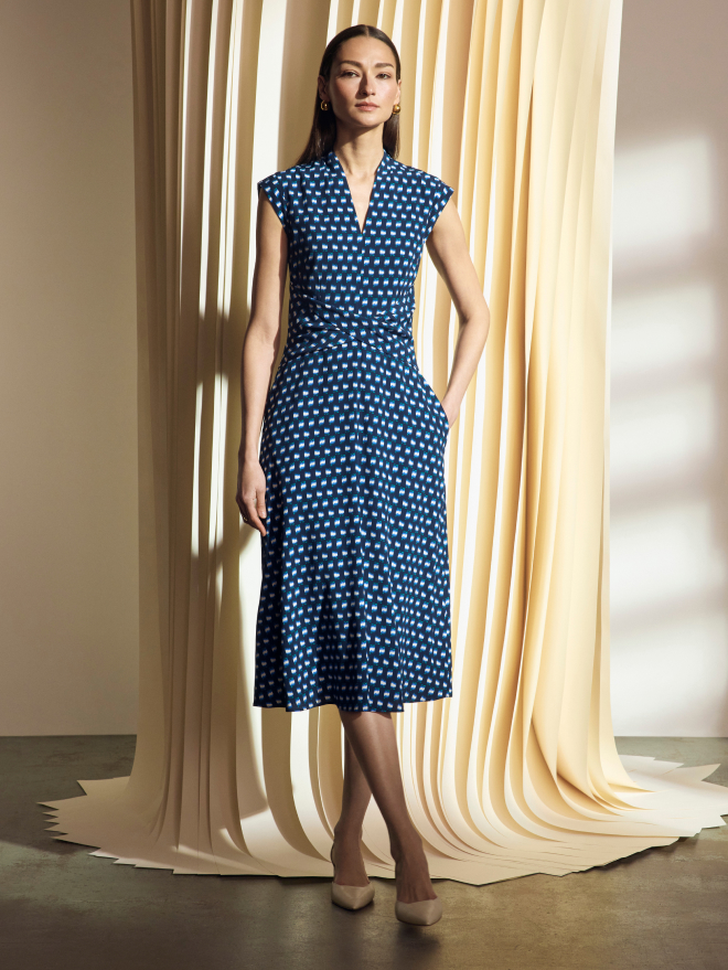 Model wearing navy multicolour Harbury dress