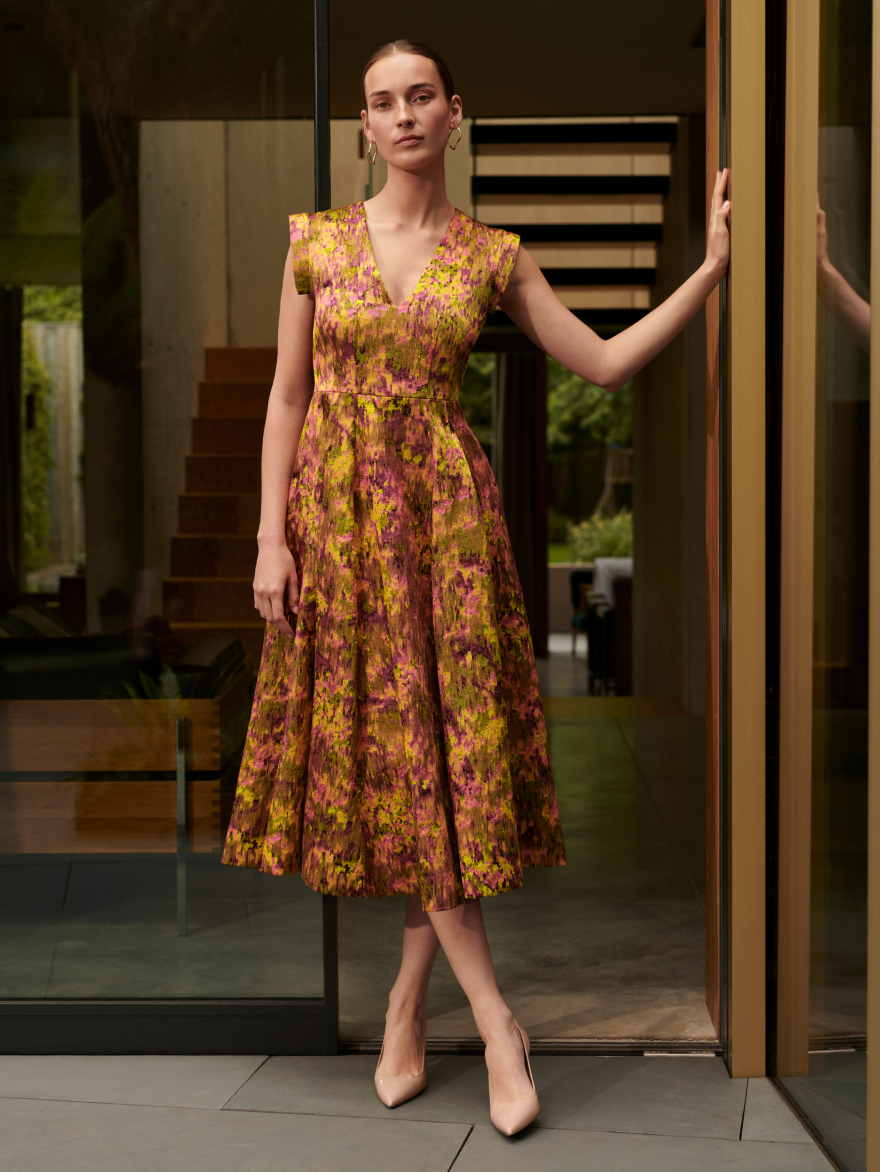 Model wearing multicolour jacquard Valance dress