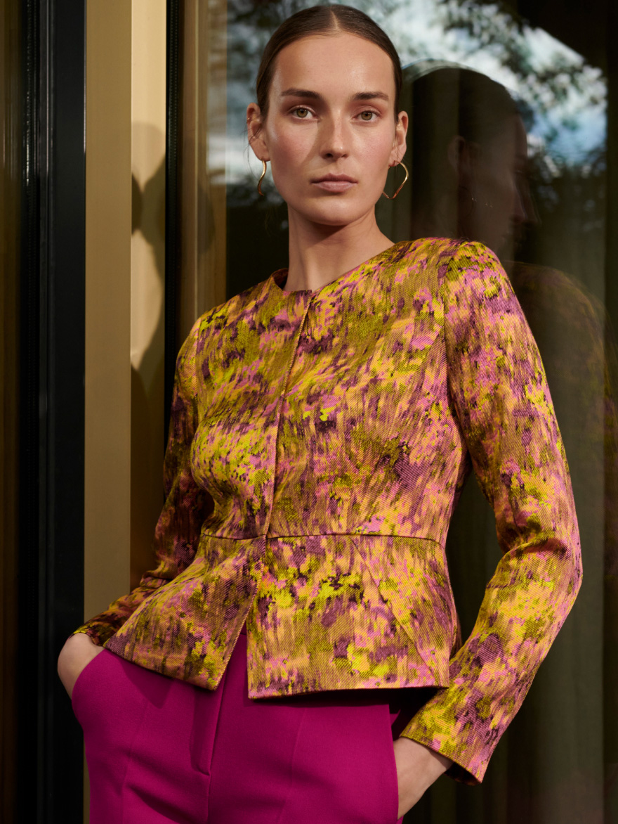 Model wearing multicolour jacquard Venetia jacket