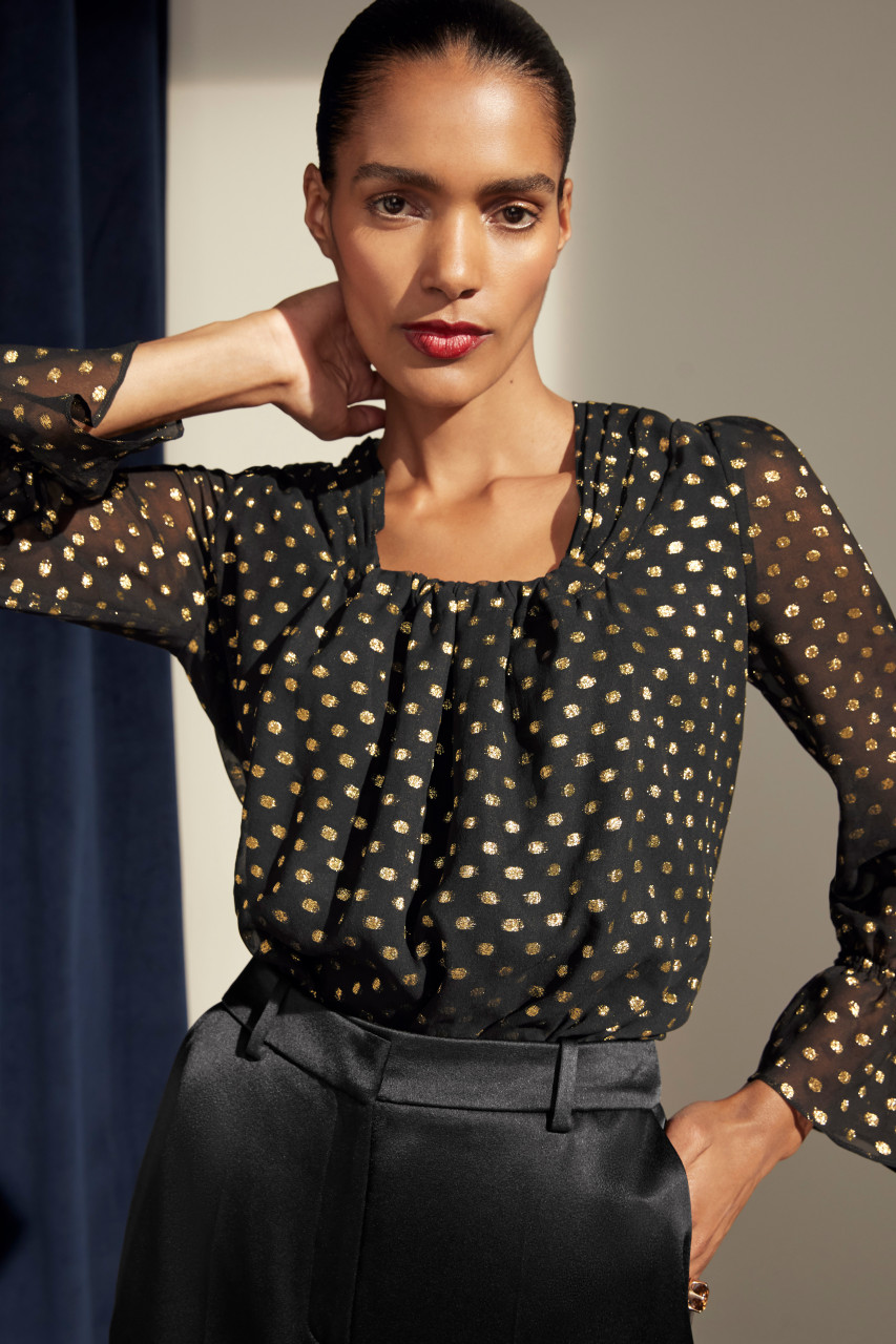 Black blouse with gold polka dots clearance