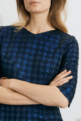 Eaton Dress Navy Metallic Houndstooth Tweed