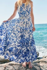 Oria Silk Crepe Maxi Dress Ivory And Blue
