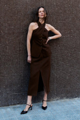 Carinella Linen Blend Waistcoat Chocolate