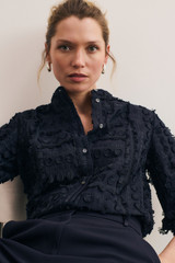 Nola Embroidered Cotton Top Dark Navy