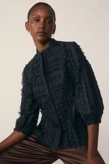 Nola Embroidered Cotton Top Dark Navy