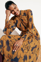 Carlton Dress Dark Mustard And Navy Ikat Floral Print Silk Georgette Carlton Dress Dark Mustard And Navy Ikat Floral Print Silk Georgette