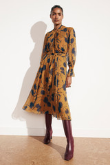 Carlton Dress Dark Mustard And Navy Ikat Floral Print Silk Georgette Carlton Dress Dark Mustard And Navy Ikat Floral Print Silk Georgette