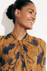 Carlton Dress Dark Mustard And Navy Ikat Floral Print Silk Georgette Carlton Dress Dark Mustard And Navy Ikat Floral Print Silk Georgette