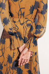 Carlton Dress Dark Mustard And Navy Ikat Floral Print Silk Georgette Carlton Dress Dark Mustard And Navy Ikat Floral Print Silk Georgette