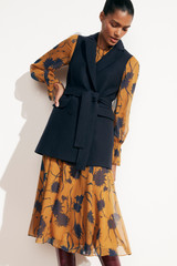 Carlton Dress Dark Mustard And Navy Ikat Floral Print Silk Georgette Carlton Dress Dark Mustard And Navy Ikat Floral Print Silk Georgette