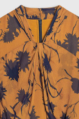 Carlton Dress Dark Mustard And Navy Ikat Floral Print Silk Georgette Carlton Dress Dark Mustard And Navy Ikat Floral Print Silk Georgette