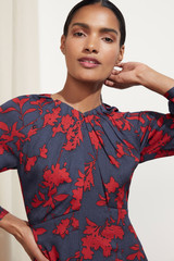 Arienzo Dress Navy And Red Floral Print Textured Silk Arienzo Dress Navy And Red Floral Print Textured Silk
