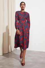 Arienzo Dress Navy And Red Floral Print Textured Silk Arienzo Dress Navy And Red Floral Print Textured Silk