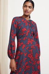 Arienzo Dress Navy And Red Floral Print Textured Silk Arienzo Dress Navy And Red Floral Print Textured Silk