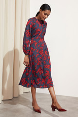 Arienzo Dress Navy And Red Floral Print Textured Silk Arienzo Dress Navy And Red Floral Print Textured Silk