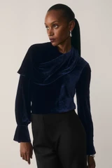 Ocana Velvet Long Sleeve Blouse Navy