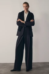 Clever Wool Blend Cortona Wide-Leg Trousers Navy