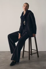 Clever Wool Blend Cortona Wide-Leg Trousers Navy