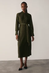 Aurellie Wave Pleat Dress Olive Green