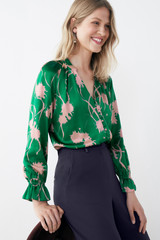 Rosaville Blouse Bright Green And Rose Pink Ikat Floral Print Silk Satin Rosaville Blouse Bright Green And Rose Pink Ikat Floral Print Silk Satin