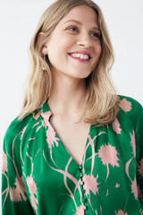Rosaville Blouse Bright Green And Rose Pink Ikat Floral Print Silk Satin Rosaville Blouse Bright Green And Rose Pink Ikat Floral Print Silk Satin