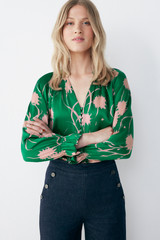 Rosaville Blouse Bright Green And Rose Pink Ikat Floral Print Silk Satin Rosaville Blouse Bright Green And Rose Pink Ikat Floral Print Silk Satin