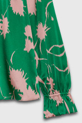 Rosaville Blouse Bright Green And Rose Pink Ikat Floral Print Silk Satin Rosaville Blouse Bright Green And Rose Pink Ikat Floral Print Silk Satin