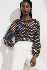 Corsica Blouse Navy Multicolour Ikat Geo Print Silk Corsica Blouse Navy Multicolour Ikat Geo Print Silk