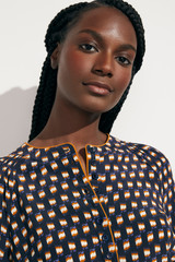 Corsica Blouse Navy Multicolour Ikat Geo Print Silk Corsica Blouse Navy Multicolour Ikat Geo Print Silk