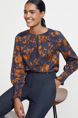 Roseby Blouse Toffee And Navy Floral Print Textured Silk Roseby Blouse Toffee And Navy Floral Print Textured Silk
