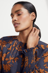 Roseby Blouse Toffee And Navy Floral Print Textured Silk Roseby Blouse Toffee And Navy Floral Print Textured Silk