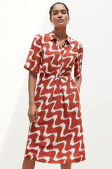 Liberta Dress Terracotta Red And Ivory Wave Print Silk Liberta Dress Terracotta Red And Ivory Wave Print Silk