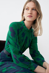 Lavinia Dress French Navy And Bright Green Ikat Floral Print Silk Lavinia Dress French Navy And Bright Green Ikat Floral Print Silk